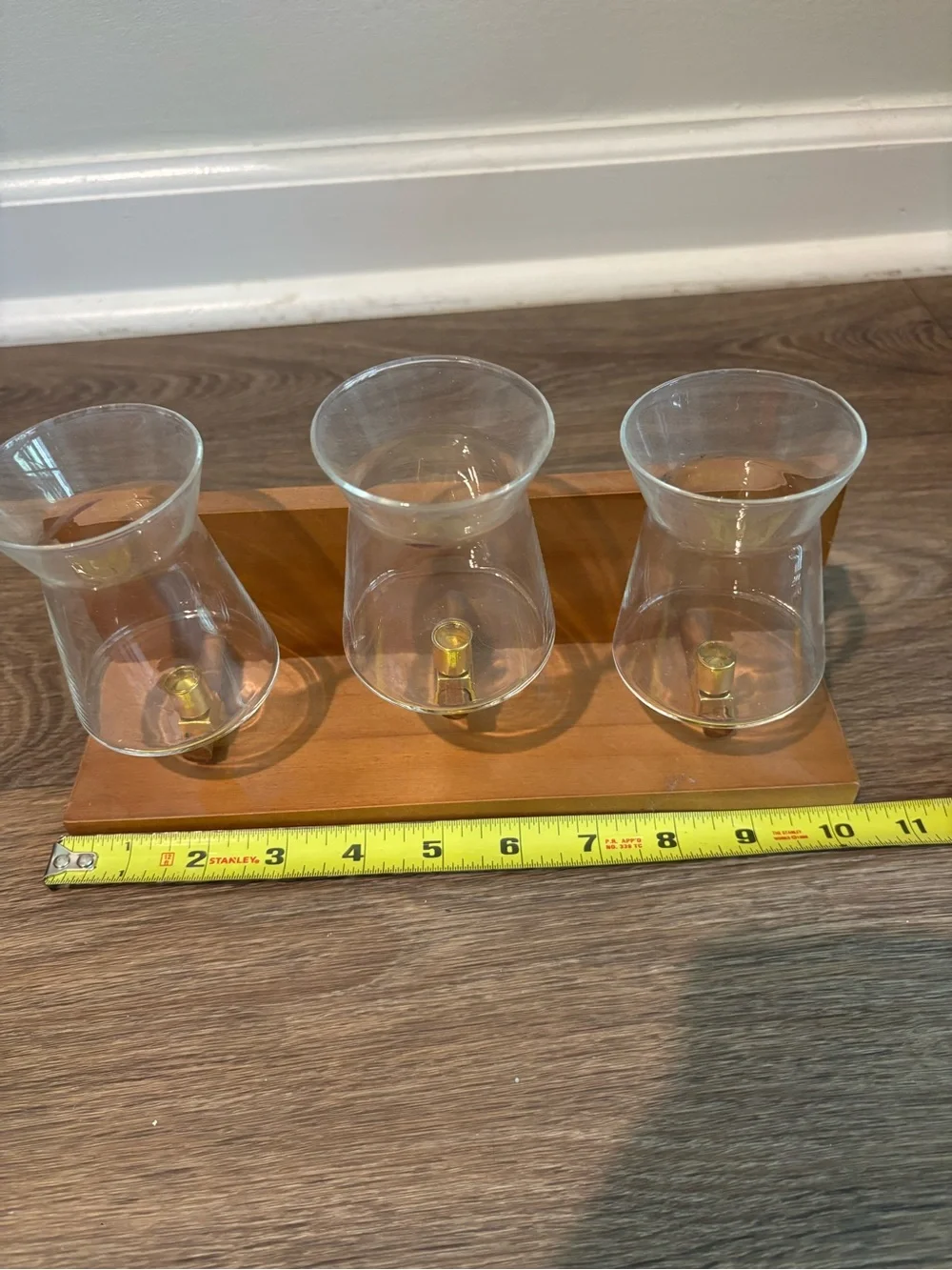 Triple Glass Votive Holder on Wooden Base - Clear Glass & Natural Wood